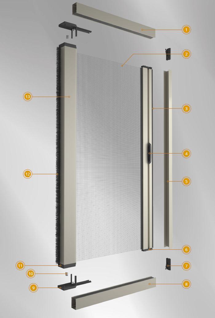 Finitura rete: senza fettuccia e bottoni Optional: disponibile con frizione che rallenta il movimento in chiusura della zanzariera, qualora se ne perdesse la presa, non rientrerebbe più nel