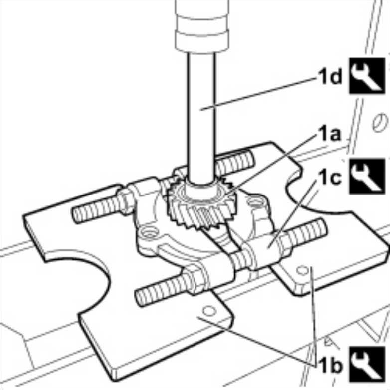 2.000.004.700 Battitoio Smontaggio albero secondario 1. Sulla pressa rimuovere l'ingranaggio 6 marcia (1a) con l'uso degli attrezzi (1b) (1c) ed (1d). 2.000.005.