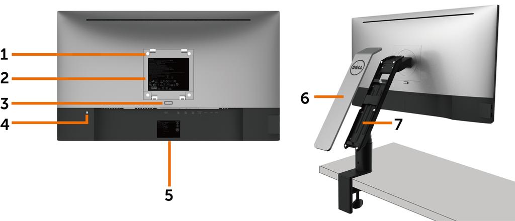 Veduta posteriore Etichetta Descrizione 1 Fori di montaggio VESA 100 mm x 100 mm (sotto la copertura VESA) Uso Monitor per montaggio a parete con kit compatibile VESA (100 mm x 100 mm).