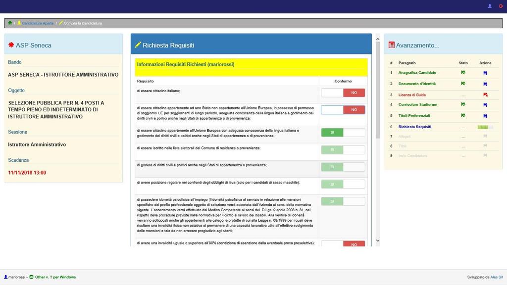 Nella schermata REQUISITI RICHIESTI