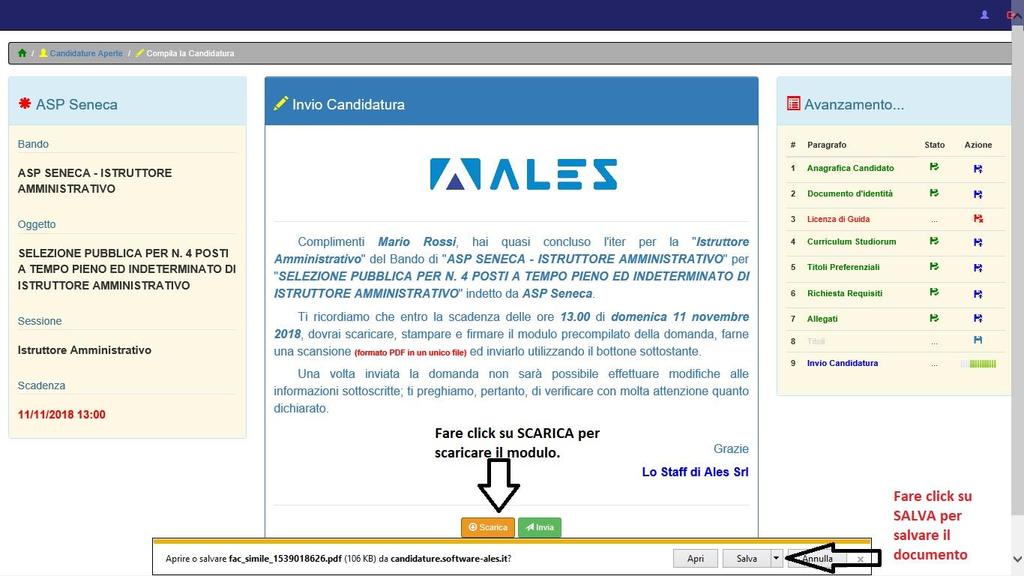 Fare click su SCARICA e successivamente salvare il file.