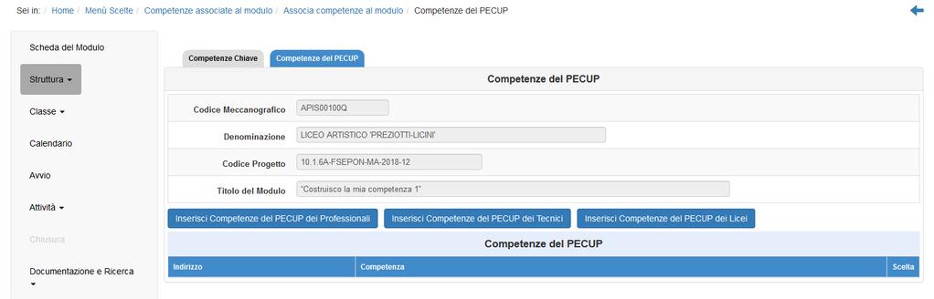 45); se si scelgono le COMPETENZE del PECUP, il Sistema richiede di specificare se si tratti di Competenze del PECUP