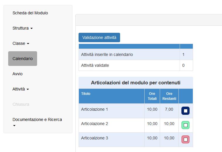 Fig. 60 Riepilogo ore di attività inserite in Calendario Tutte le attività, dopo essere state inserite nelle giornate che compongono il modulo, dovranno essere validate tramite l apposito tasto di