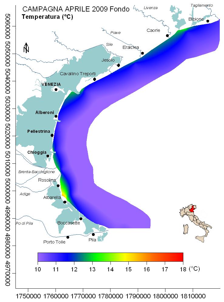 La temperatura rilevata durante la campagna mostra un valore medio lungo tutta la costa veneta in superficie di 14.67 C e al fondo di 11.