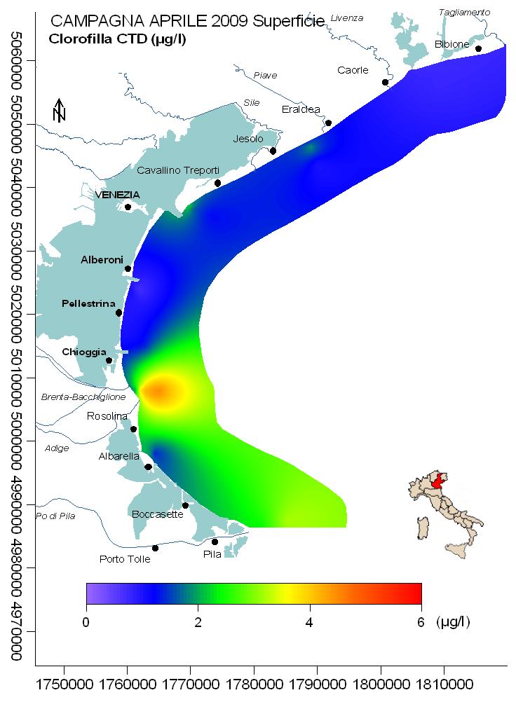 31 unità percentuali. La clorofilla a risulta mediamente di circa 1.76 µg/l in superficie e 1.24 µg/l al fondo.