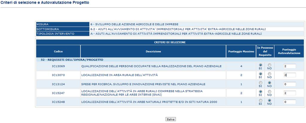 E necessario cliccare il pulsante Salva per accedere alla visualizzazione del punteggio complessivo attraverso il comando Criteri di selezione e autovalutazione del progetto ATTENZIONE: poiché la