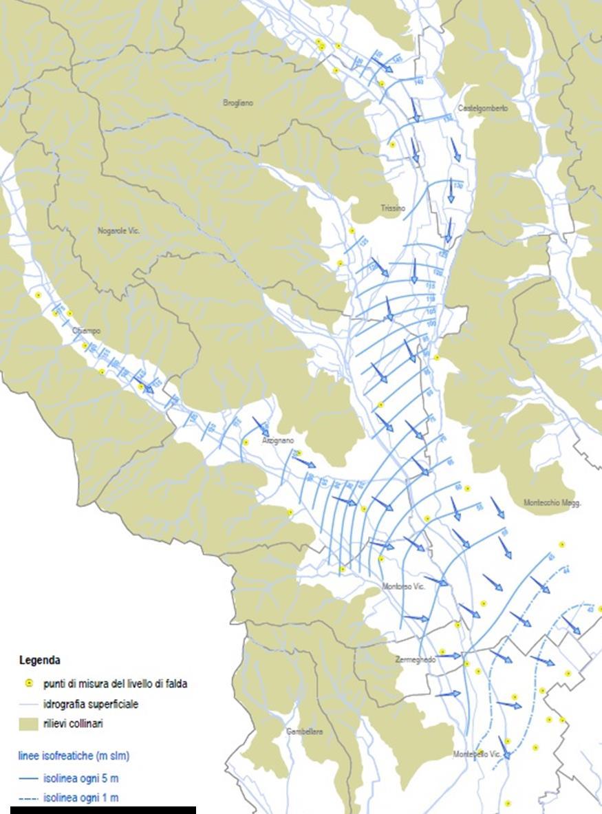 Da dati bibliografici e diretti si ha che: La falda della Valle del Chiampo ha direzione media di deflusso NO-SE, mentre la falda della Valle dell Agno ha direzione media N-S.