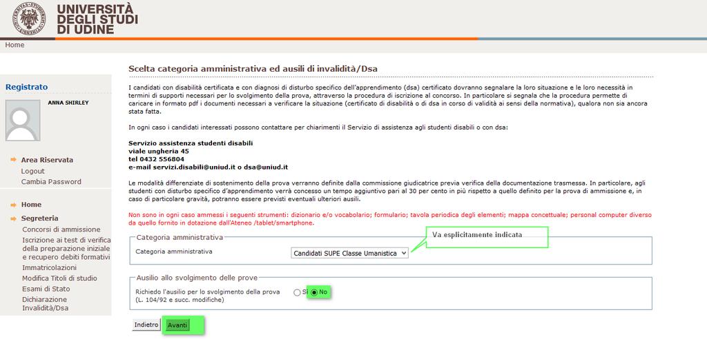 Se seleziona Sì compare un area di testo per inserire una