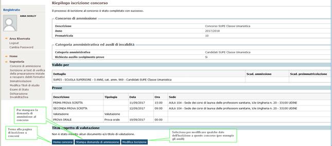 Il processo si conclude selezionando Completa ammissione al concorso Questa è la pagina