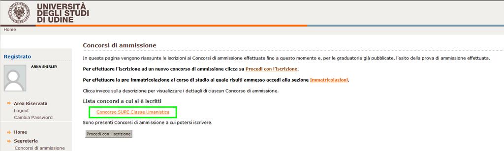 Selezionando invece il bottone Stampa domanda di ammissione si può effettuare la stampa della domanda di ammissione.