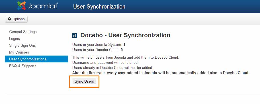 13 Selezionare la voce User Syncronizations: viene visualizzato il numero degli utenti di Joomla e