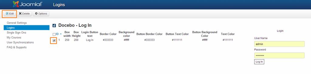 14 Logins Per modificare il riquadro che gestisce il login su Joomla a Docebo selezionare la voce di