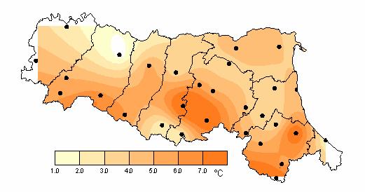 9 Emilia-Romagna: Cambiamenti climatici in temperatura ( C) (2070-2100 - 1960-1990) Box Plot -Tmax 8 7 6 5 C 4 3 2 1 0-1