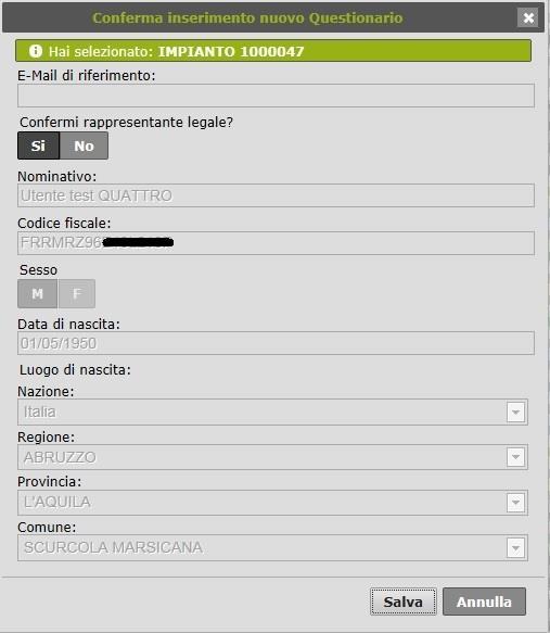 Come già evidenziato nel capitolo Selezione Questionario da compilare, nel momento in cui l utente genera un nuovo questionario, può apparire un altra finestra di gestione dei dati del rappresentante