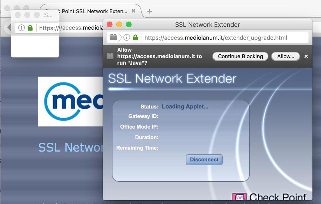 Automaticamente il firewall Check Point richiede l installazione del client SSL/VPN (Java).