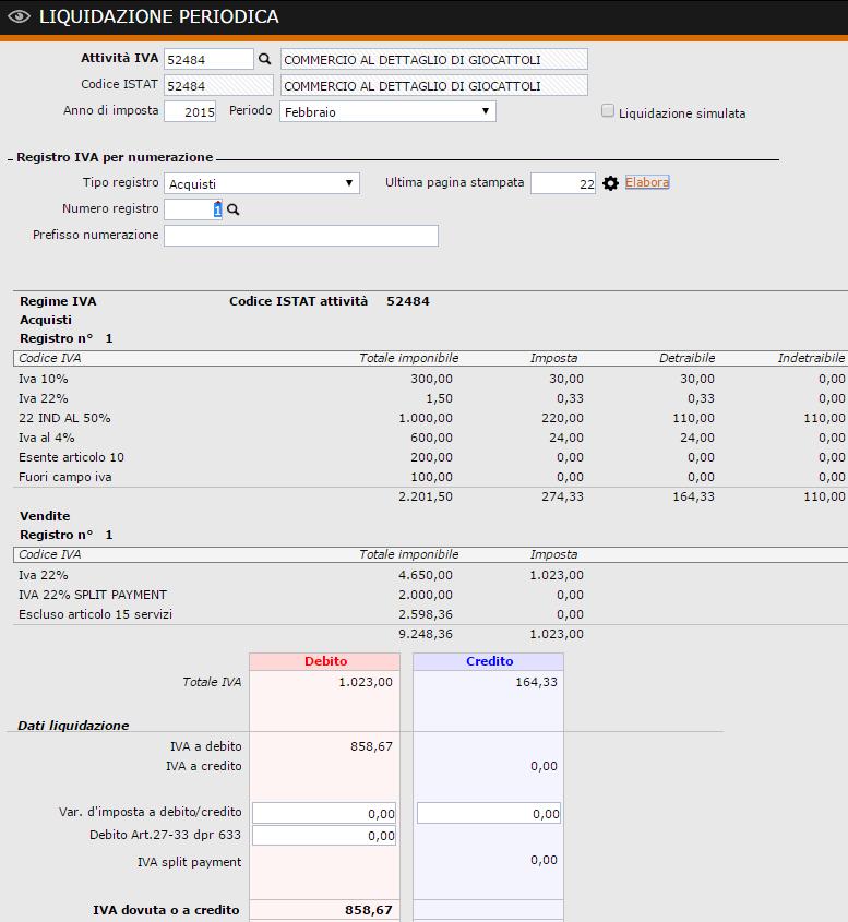 Stampa liquidazione iva con codice iva split payment escluso da registri iva In questo caso il totale iva a debito è già al netto dell'iva split payment, quindi non viene eseguito il