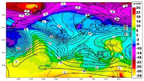 Rapporto radarmeteorologico Mappe di geopotenziale a 500 hpa (linee) e temperatura a 850 hpa (colori), corse del 03/12/2009 alle