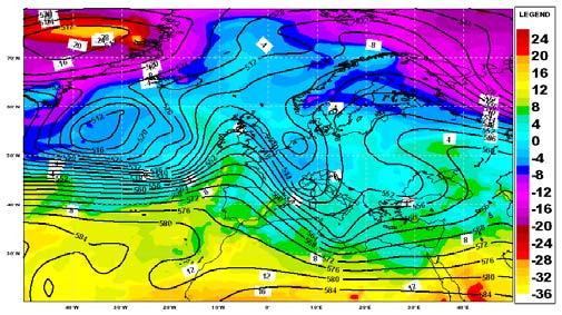 Mappe di geopotenziale (linee), temperatura (colori) e vento (frecce) a 850 hpa per le corse del 03/12/2009 alle 00:00 UTC, scad.