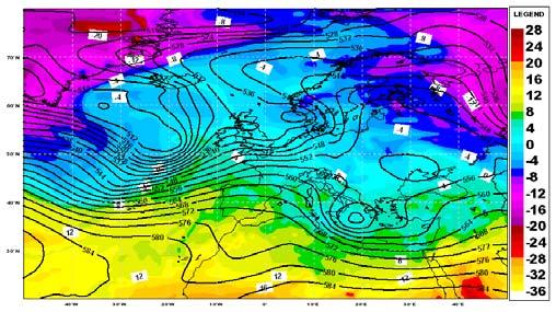 Mappa di geopotenziale a 500 hpa (linee) e temperatura a 850 hpa (colori) per la corsa del 05/12/2009 alle 00:00 UTC, scad. +12h.
