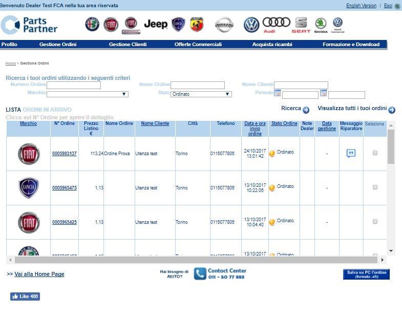 Nella lista ordini in arrivo, è presentato l elenco degli ordini in arrivo non ancora elaborati. Lo stato attribuito dal sistema a questi ordini è: Ordinato.