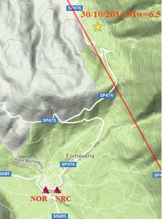 Localizzazione epicentro del terremoto e stazioni NOR e NRC [http://itaca.mi.ingv.