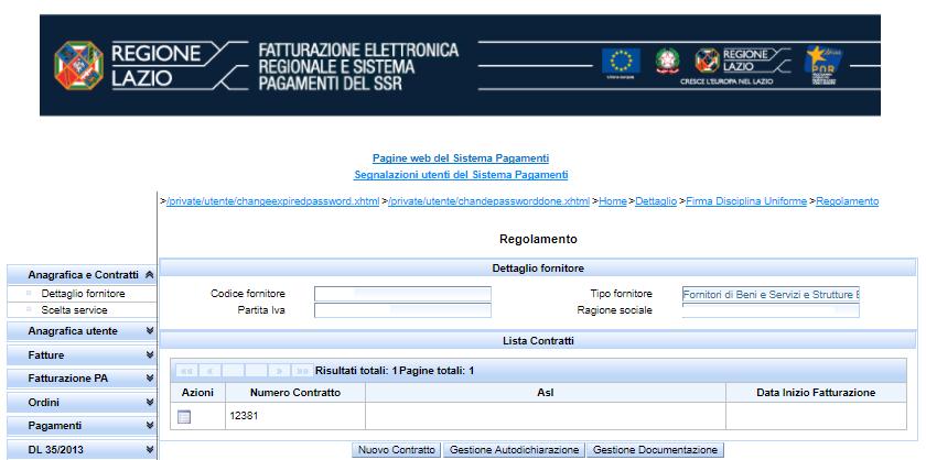 Figura 11 - Lista Contratti_Regolamento Ripetere la suddetta procedura nel caso di presenza di più contratti in essere stipulati successivamente al 16/07/2015 con le Aziende Sanitarie di competenza.