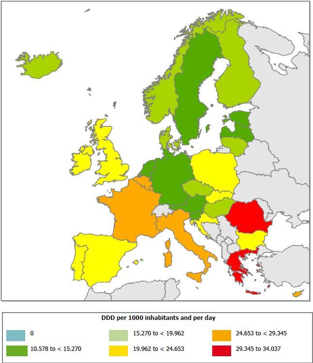 Consumo di antibiotici in comunità - 2015 Francia 29,9 DDD Pen 18,8