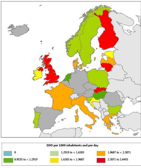 Consumo di antibiotici in ospedale - 2015 Francia 2,2 DDD Pen 1,3