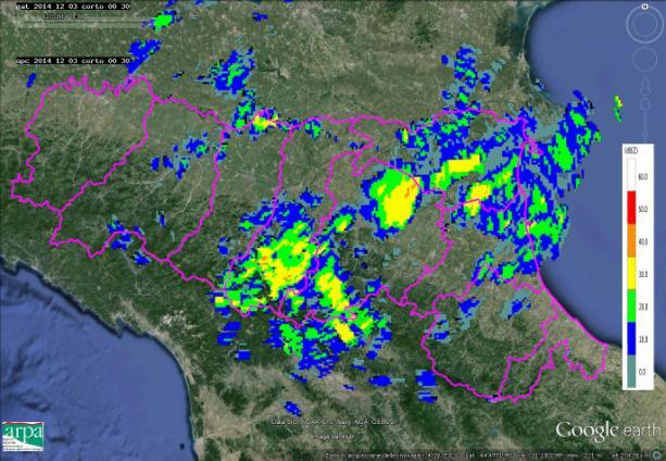 Analisi dell evoluzione alla mesoscala sull Emilia-Romagna Precipitazioni deboli e localizzate, provenienti da sud-est, si susseguono già dalla giornata del 2 dicembre