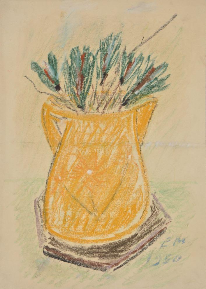 8. [Vaso giallo] pastello su cartoncino, verso di un foglio di menu 215 x 305 mm
