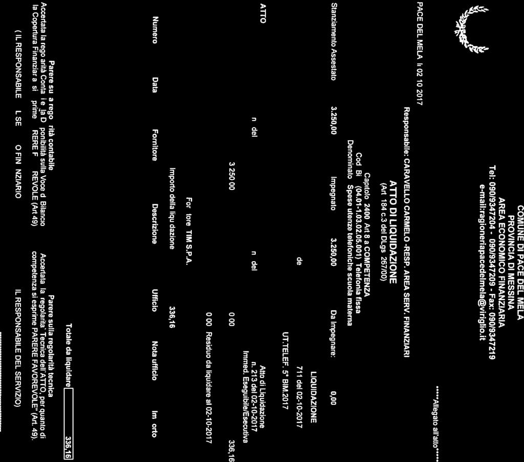 201 7 : SCUOLA MATERNA ATTO Atto di Liquidazione n. del n. del n. 213 dei 02-10-2017 Immed. Eseguibile/Esecutiva IMPORTI AL 3.250.00 0,00 336,16 02-10-2017 1.185.