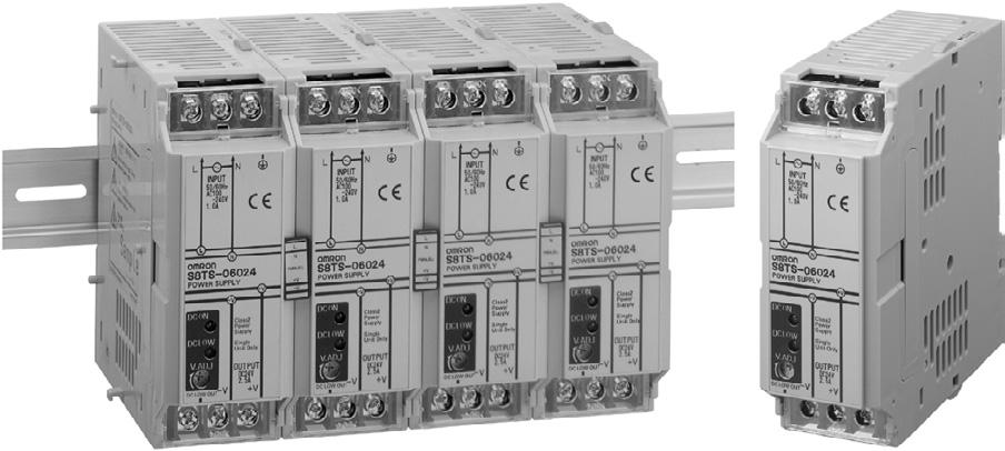 Alimentatori switching S8TS Alimentatore switching modulare per montaggio su guida DI Unico modello modulare da 60 W; collegando più moduli si può ottenere una potenza fino a 240 W (uscita a 24 V).