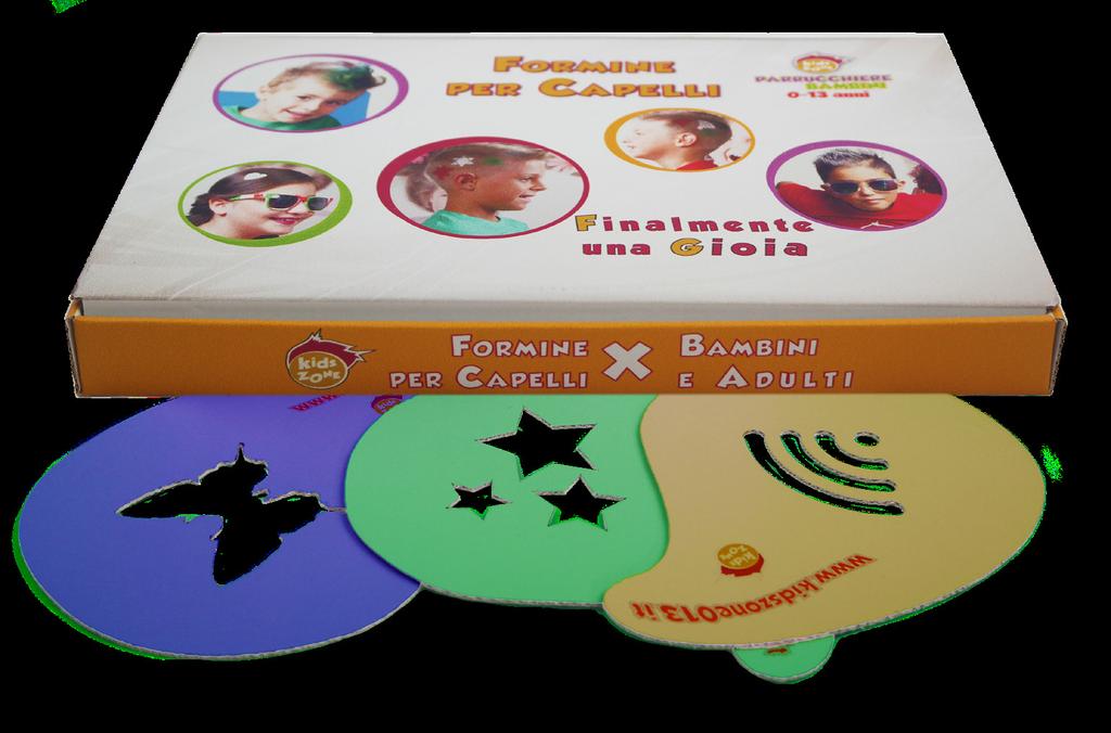 BOX PRODOTTI Kit Colore 8 prodotti: 1pz x tipo degli 8 spray colorati da 75 ml. In omaggio: 3 formine per disegni sui capelli, materiale pubblicitario e consulenza.