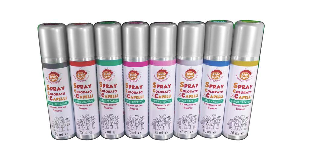 Spray Colorati Spray Colorati Cod: da SPR001 a SPR008 Confezione da 75 ml Disponibili nei colori: Oro, Argento Glitter, Rosa, Nero, Rosso, Verde, Blu, Fucsia.
