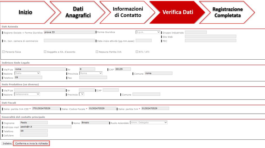 Figura 6 - Verifica Dati Alla pressione del tasto conferma il fornitore riceve la convalida della propria