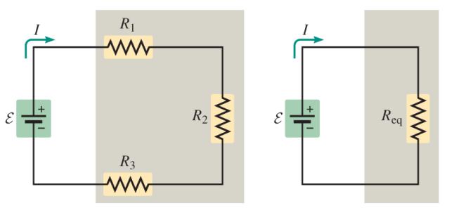 Tre resistenze in serie Un circuito è formato da tre resistenze collegate in serie a una batteria da 24,0 V. La corrente nel circuito è di 0,0320 A.