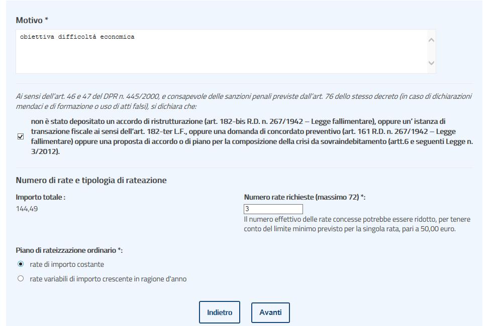 I servizi di EquiPro Rateizza il debito Chiedi la rateizzazione (4/5) Inserisci la motivazione per la quale richiedi la rateizzazione.