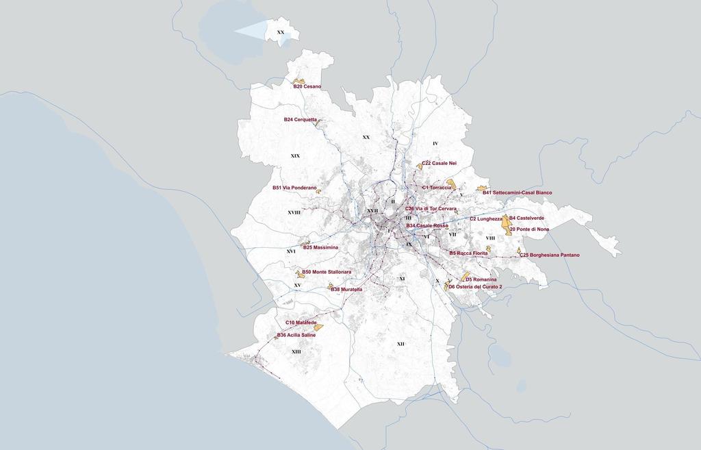 Localizzazione dei Piani di Zona: - 20 Ponte di Nona - B4 Castelverde - B5 Rocca Fiorita - B20 Cesano - B24 Cerquetta - B25 Massimina - B34 Casale Rosso - B36 Acilia Saline - B38 Muratella - B41