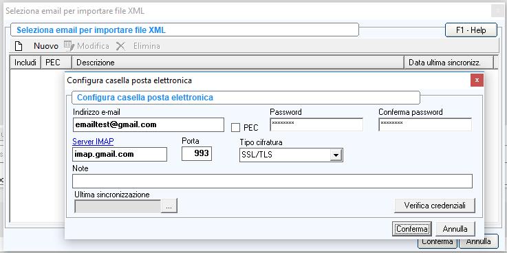 I pulsanti Nuovo, Modifica ed Elimina consentono di configurare una nuova casella di posta elettronica da cui importare i documenti elettronici, indicando i dati richiesti, e di modificare o