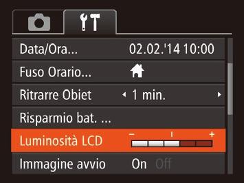 Luminosità dello schermo Modificare la luminosità dello schermo attendendosi alla seguente procedura. Scegliere [Luminosità LCD], quindi premere i pulsanti <q><r> per regolare la luminosità.