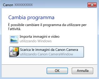 Scegliere [Scarica le immagini da Canon Camera], quindi fare clic su [K]. Fare doppio clic su [ CameraWindow ]. 3 Salvare le immagini nel computer.