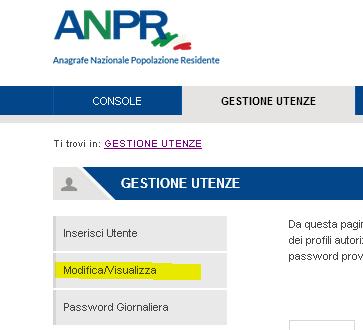 Il Sindaco dovrà accedere alla web application come sopra descritto ed accedere alla console di sicurezza (link in alto a dx).