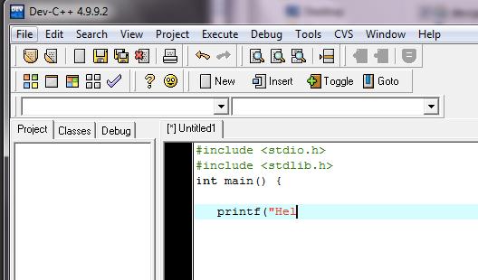 Cominciamo ad editare il nostro primo e un classico: useremo questo codice: #include <stdio.h> #include <stdlib.h> int main() { printf("hello World!