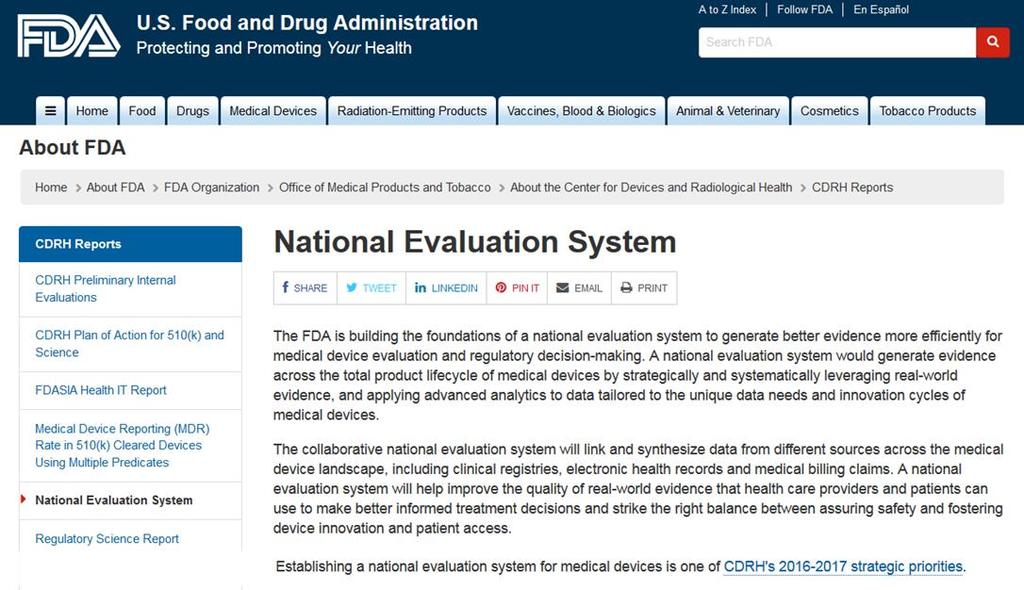 FDA: PRIORITA STRATEGICA LA VALUTAZIONE DM Dal National System for Medical Device Postmarket Surveillance al National Evaluation