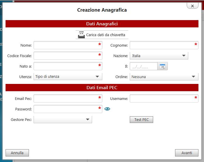 3. Compilare l anagrafica con i dati dell intestatario; se il kit di firma digitale è inserito è possibile caricare i dati dalla chiavetta.