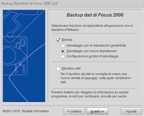 14 Seconda pagina del Wizard Salvataggio con le impostazioni predefinite: selezionare tale opzione se si desidera effettuare una copia di sicurezza con le opzioni di configurazione già definite in