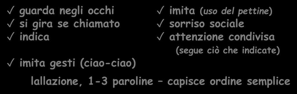 occhi si gira se chiamato indica imita gesti (ciao-ciao) 12 mesi (rischio se NO in 3/4) imita (uso del