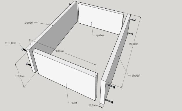 vite 4x40 sponda 115 mm 303 mm faccia 18 mm spalliera 450 mm sponda La larghezza finita del cassetto, da esterno sponda ad esterno sponda, è 364 mm 25 mm = 339 mm.