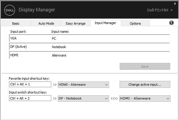 Gestione di vari ingressi video La scheda Input Manager (Gestione ingressi) fornisce dei comodi metodi per gestire vari ingressi video collegati al monitor Dell.