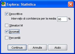 Outliers in SPSS Se in Analizza Esplora apriamo Statistiche, possiamo chiedere di elencare gli Anomali Mentre nel grafico visualizza tutti gli outliers, chiedendo di elencare i valori anomali, Spss